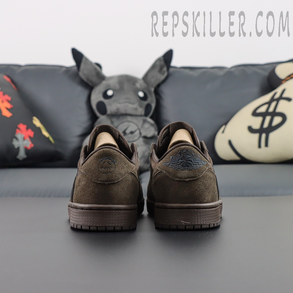 Travis Scott x Air Jordan 1 Low OG SP Velvet Brown — rear heel shot showing dark tonal branding.