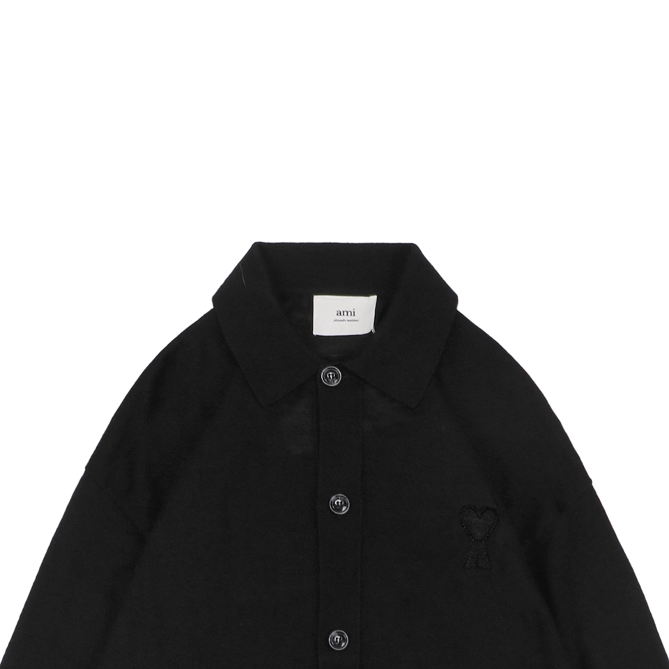 Ami Embossed Heart Embroidery Basic Polo Sweater Black1.jpeg
