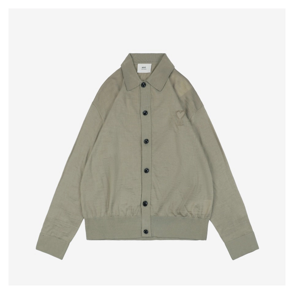 Ami Embossed Heart Embroidery Basic Polo Sweater Green