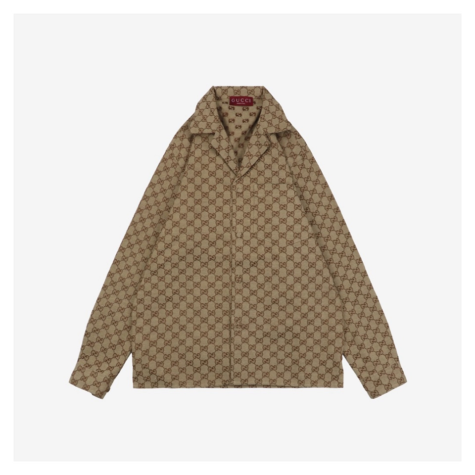 GG Jacquard Collared Long-Sleeve Shirt Brown