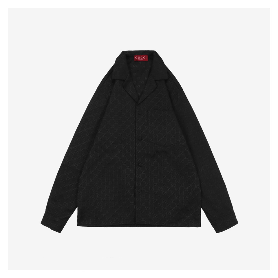 GG Jacquard Collared Long-Sleeve Shirt Black