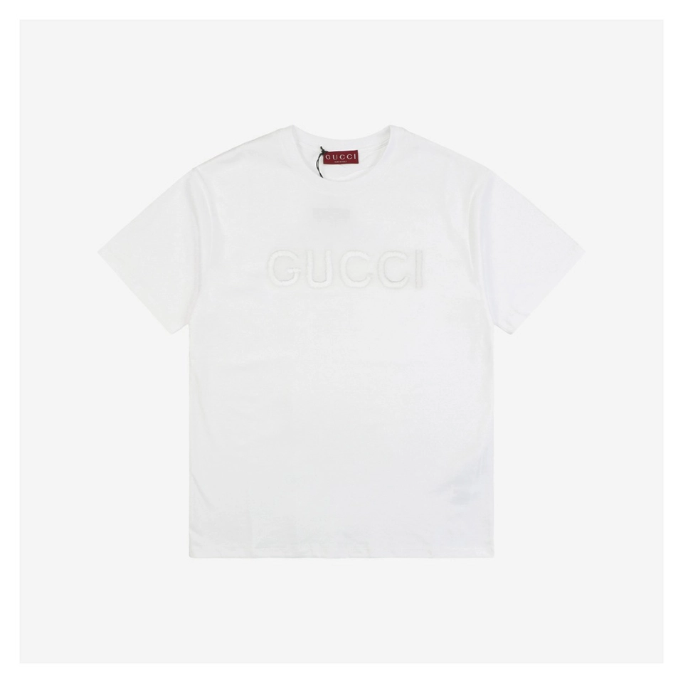 Subtle Pattern Single-Row G Letter Embroidered Short-Sleeve T-Shirt White