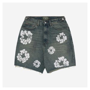 Denim Tears Cotton Flower Print Mud-Dyed Distressed Denim Shorts