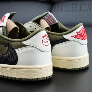 Travis Scott x Air Jordan 1 Low Reverse Olive heel details with Cactus Jack embroidery in red.