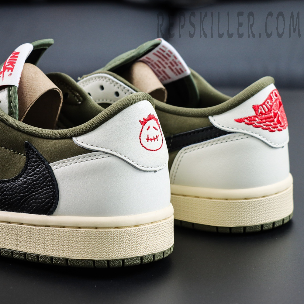 Travis Scott x Air Jordan 1 Low Reverse Olive heel details with Cactus Jack embroidery in red.