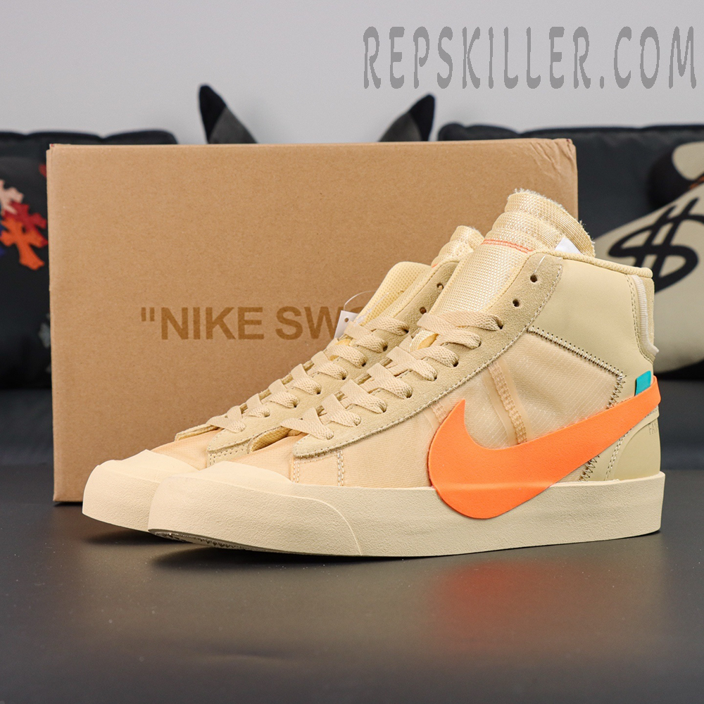 Nike Off-White x Blazer Mid ‘All Hallows Eve’ full side view with box in background.