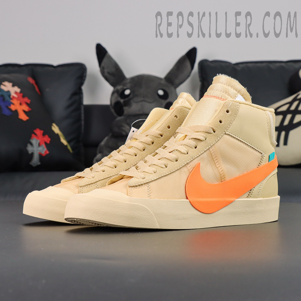 Nike Off-White x Blazer Mid ‘All Hallows Eve’ clean lateral side showing orange oversized Swoosh.