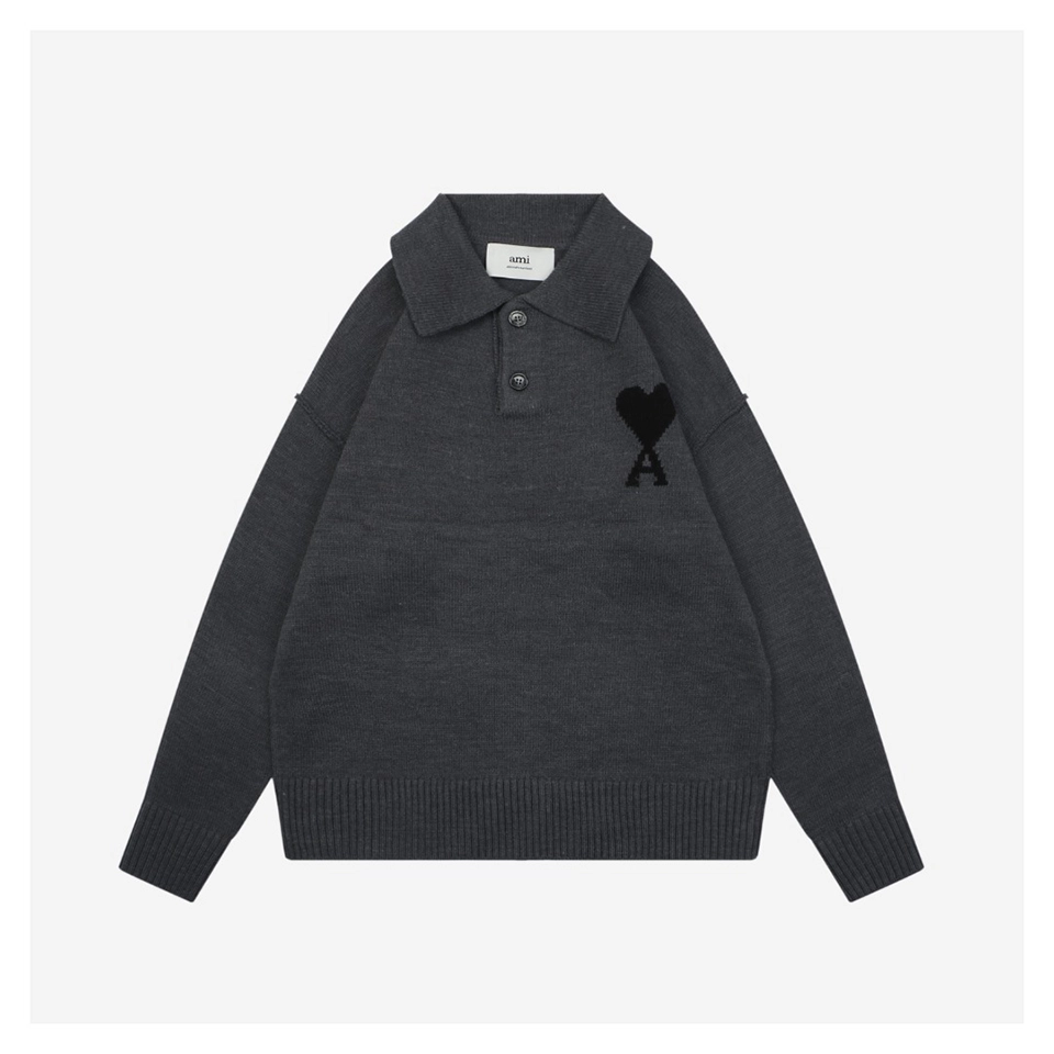 Ami Heart Logo Polo Knit Sweater Black