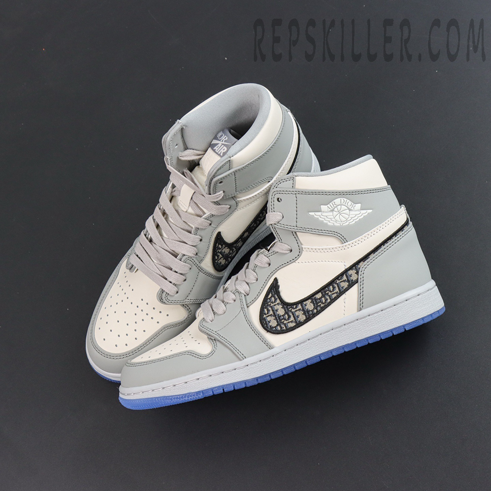 Top-down angled view of Dior x Air Jordan 1 High highlighting premium leather panels.
