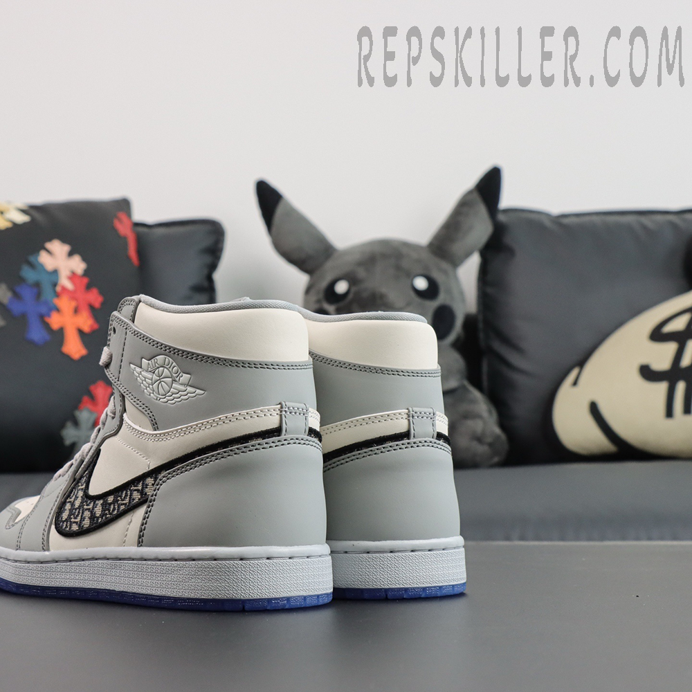 Back-side view of Dior x Air Jordan 1 High displaying leather overlays and clean stitching.