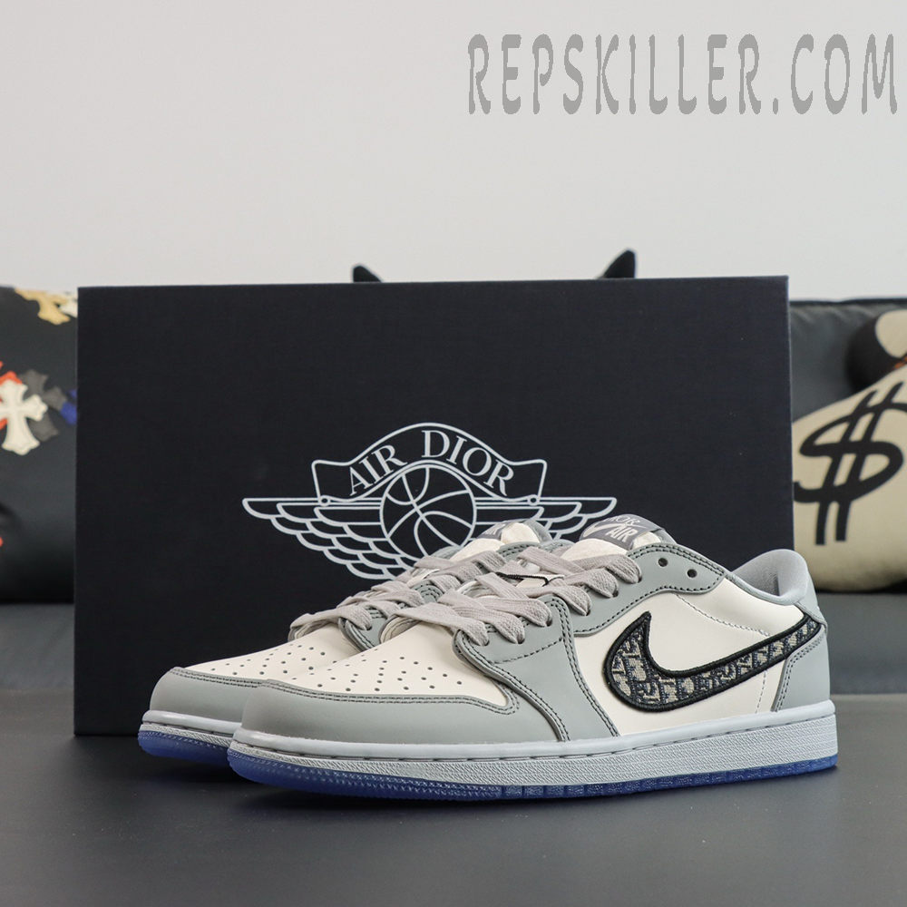 Dior x Air Jordan 1 Low lifestyle shot with original Air Dior box in background