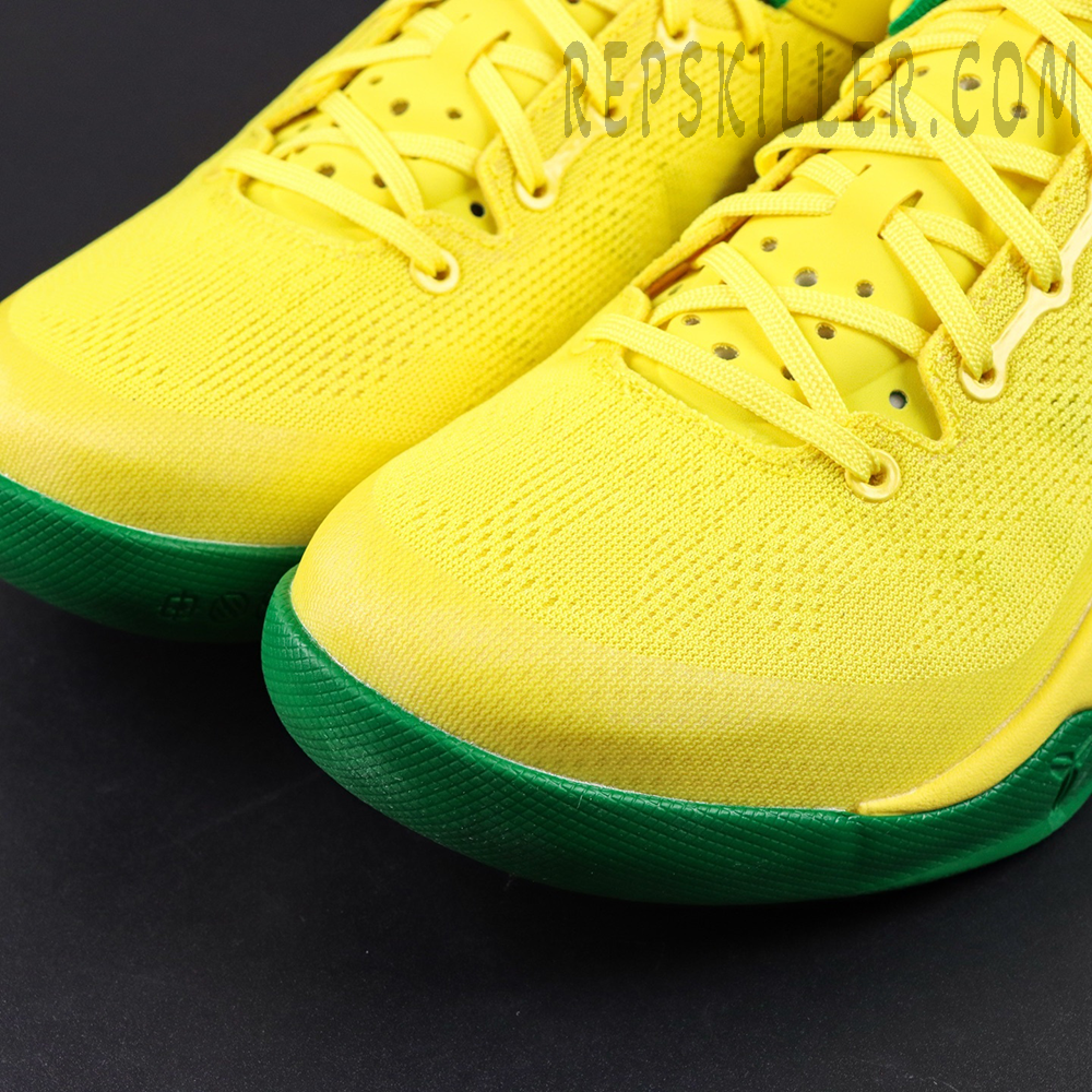 Kobe 8 Protro ‘Oregon Alternate’ PE – Close-up of yellow forefoot mesh and transition to green midsole.