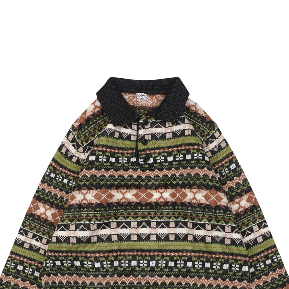 L Christmas Fair Isle Polo Knit Sweater