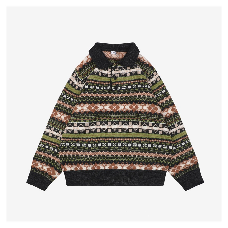 L Christmas Fair Isle Polo Knit Sweater