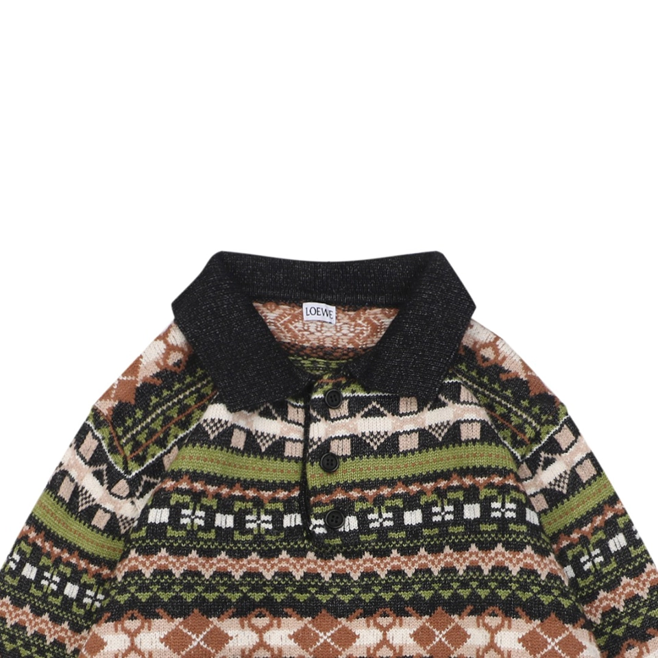 L Christmas Fair Isle Polo Knit Sweater