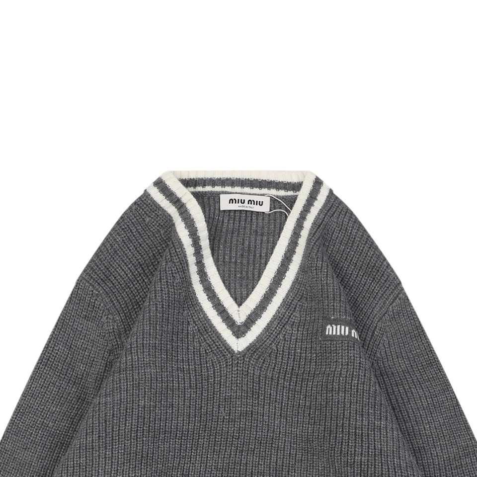 MM Grey/White Logo V-Neck Sweater