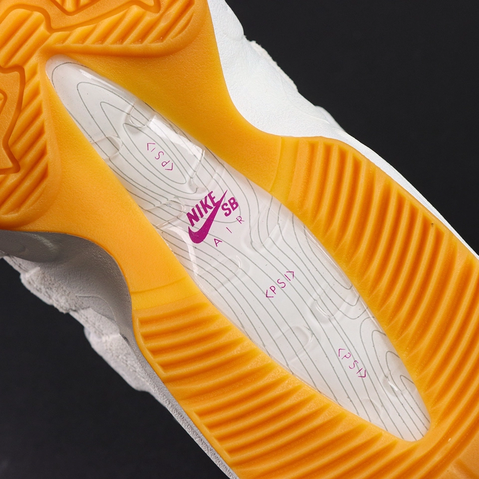 Nike SB x Air Max 95 ‘Cactus Flower’ outsole detail showing transparent mid-section with Nike SB Air logo and yellow traction.