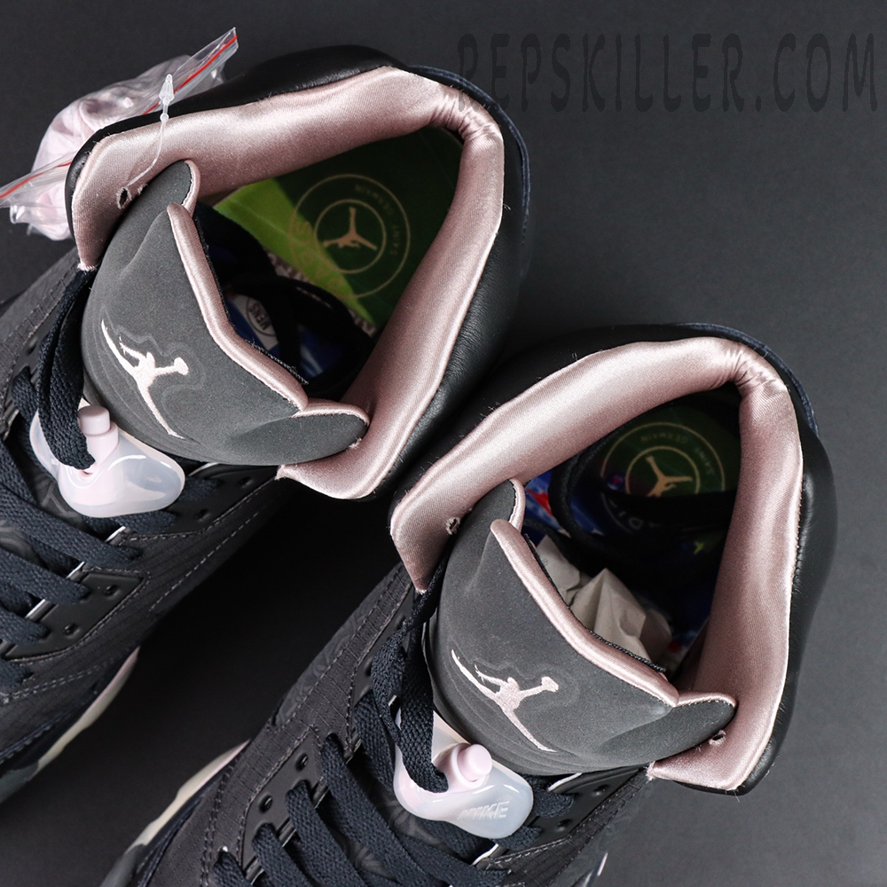 Paris Saint-Germain x Air Jordan 5 Retro ‘Off Noir’ – Close-up of padded collar with soft pink satin lining and grey Jumpman tongue embroidery
