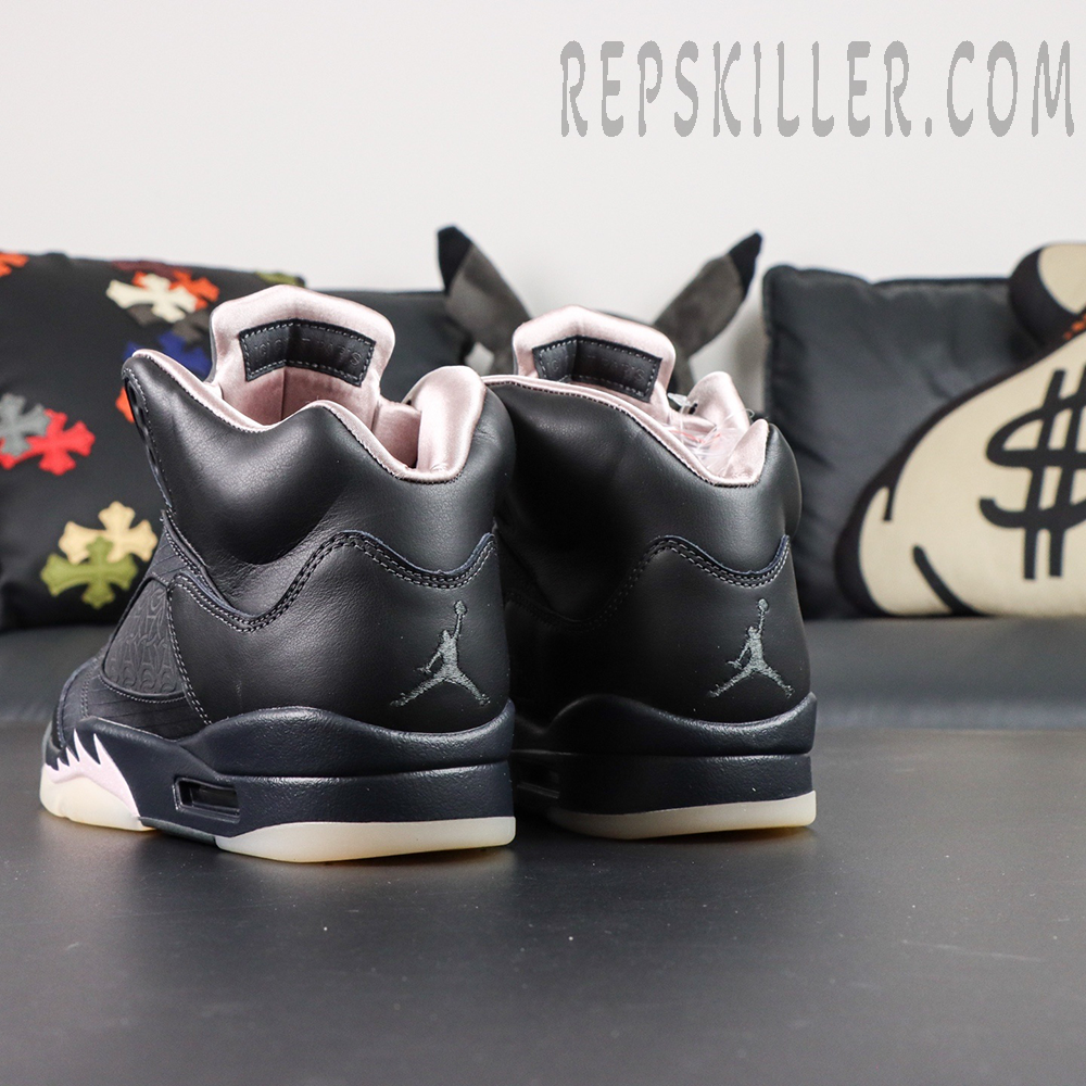 Paris Saint-Germain x Air Jordan 5 Retro ‘Off Noir’ – Angled rear view displaying embroidered black Jumpman on heel and satin collar
