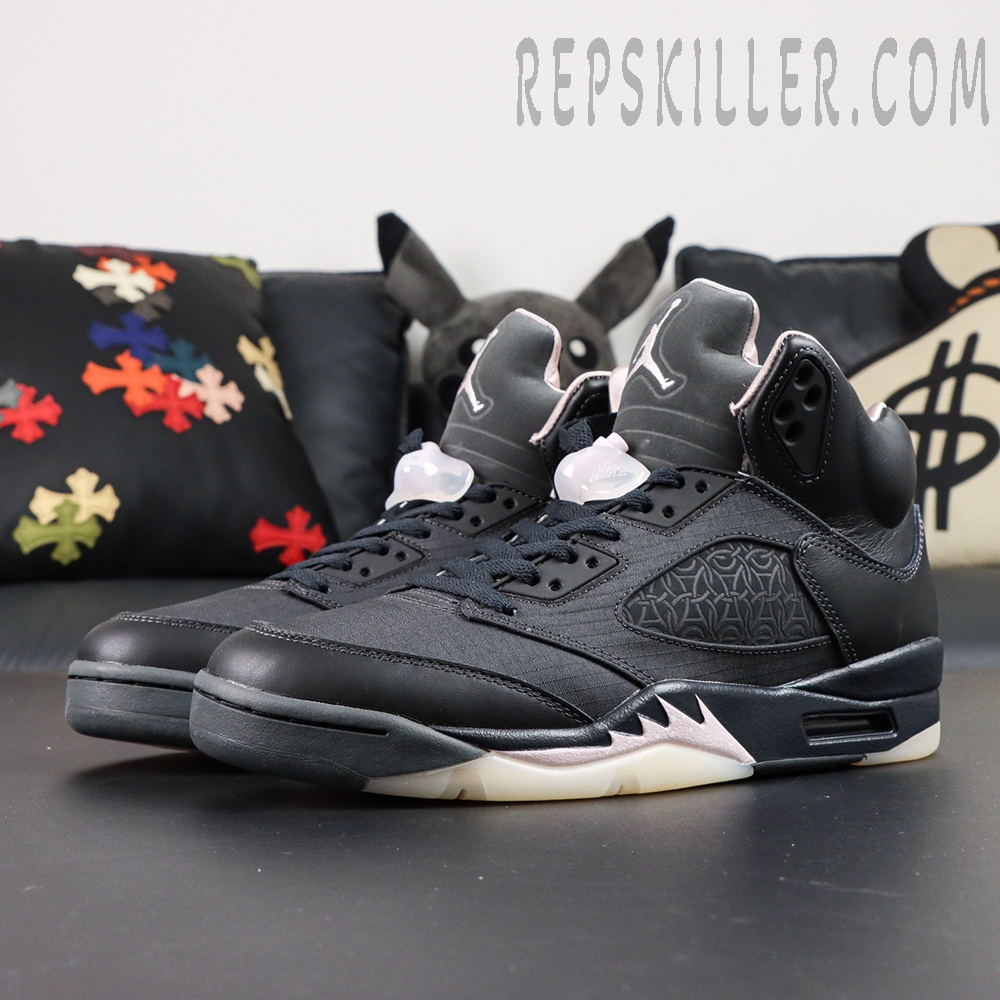 Paris Saint-Germain x Air Jordan 5 Retro ‘Off Noir’ – Quarter front angle showing full silhouette with semi-translucent outsole and silver-pink shark teeth