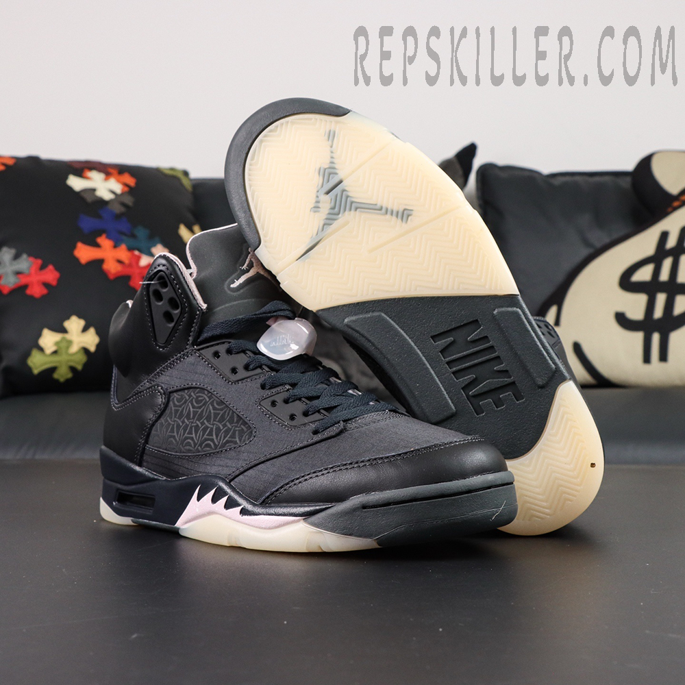 Paris Saint-Germain x Air Jordan 5 Retro ‘Off Noir’ – Sole view displaying translucent outsole with Jumpman logo and black Nike branding