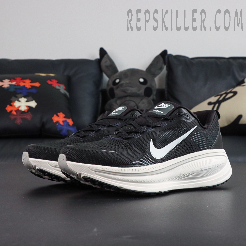 Nike Vomero 18 'Black Coconut Milk' pair front angle with visible midsole swirl