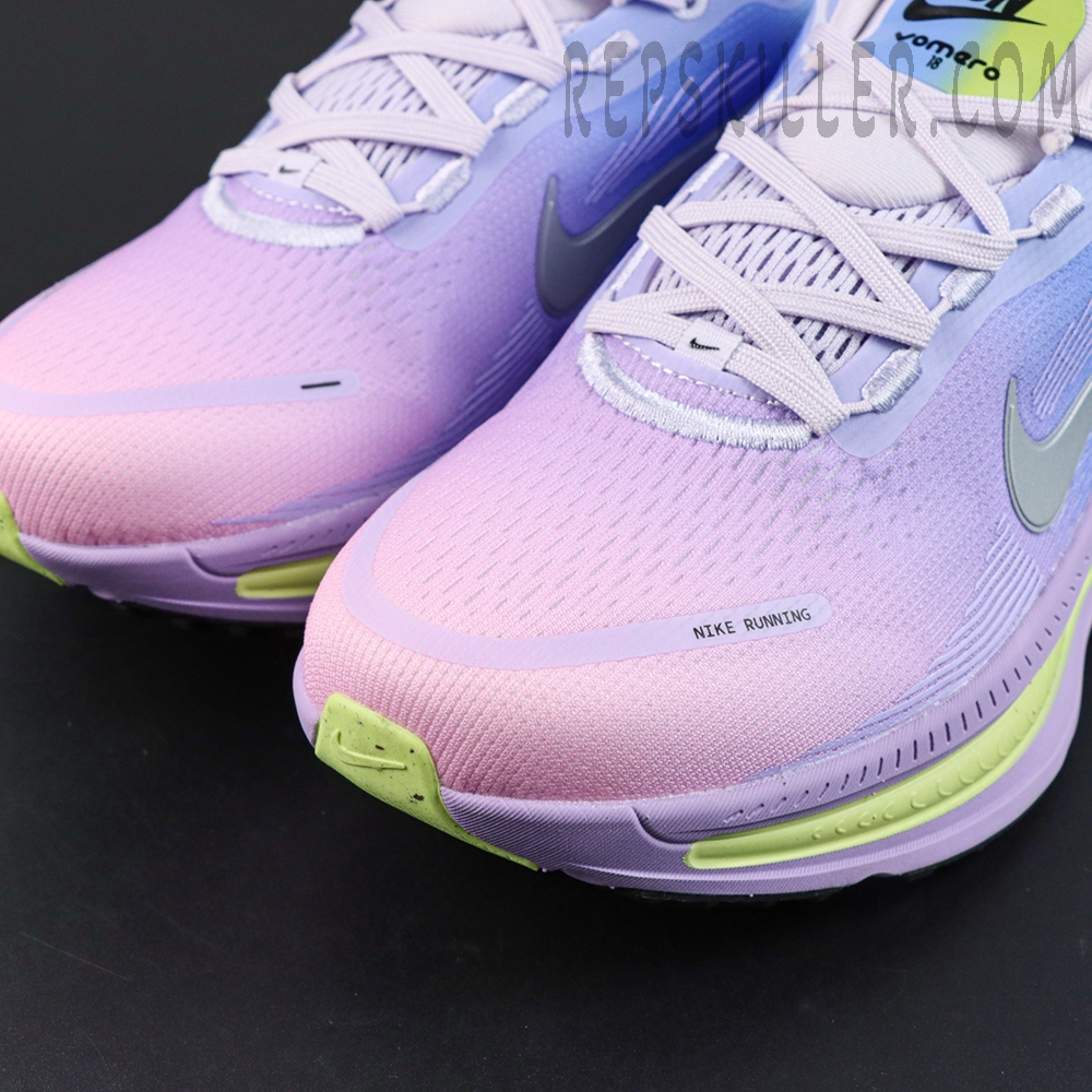 Nike Vomero 18 SE ‘Mood Ring Pack’ toe box macro shot with lavender mesh and Nike Running text