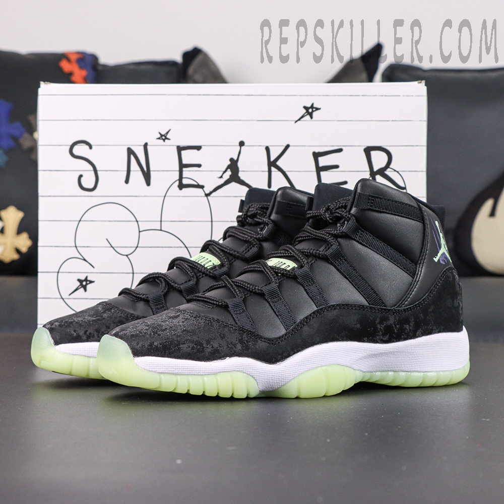 Air Jordan 11 Retro GS ‘Inner Beast’ — Side view showing black upper with luminous green outsole and playful “Sneaker School” backdrop.
