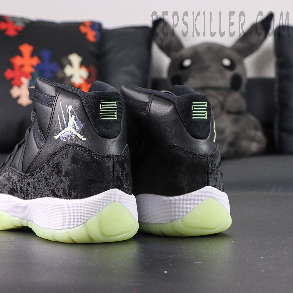 Air Jordan 11 Retro GS ‘Inner Beast’ — Rear view focusing on dual heel embroidery and luminous outsole edge.