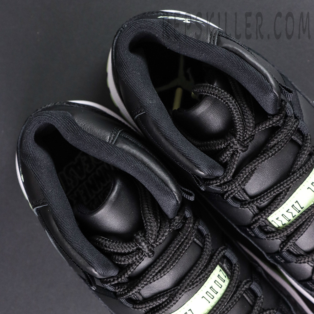 Air Jordan 11 Retro GS ‘Inner Beast’ — Top-down close-up of tongue area and padded collar with black rope laces.