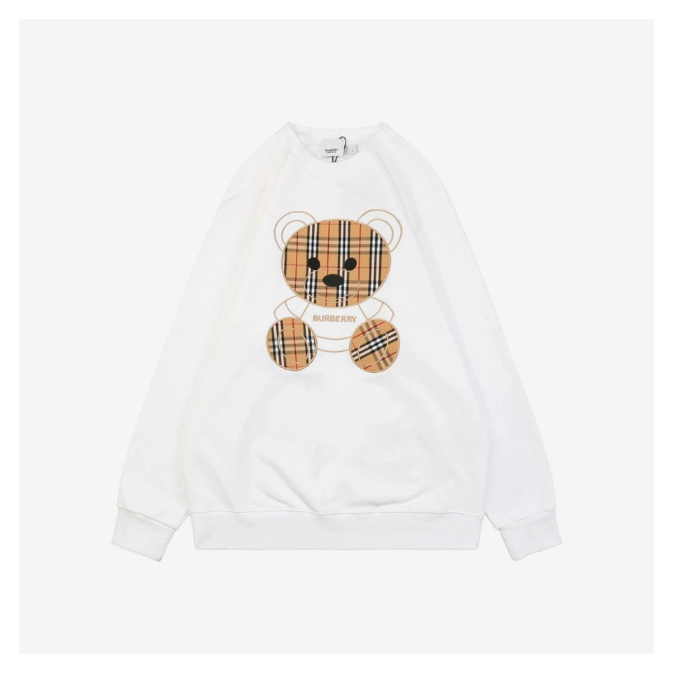 BBry Check Bear Embroidery Crewneck Sweatshirt White Front side