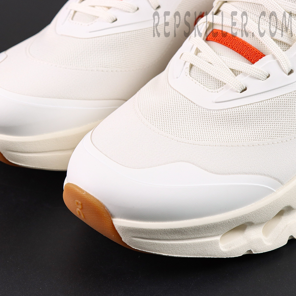ON Loewe x Cloudtilt 2 ‘White Orange’ close-up of toe box showing white overlay and orange accent underlay.