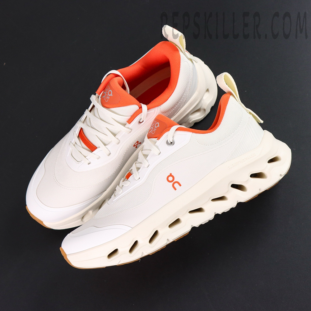 ON Loewe x Cloudtilt 2 ‘White Orange’ close-up of toe box showing white overlay and orange accent underlay.