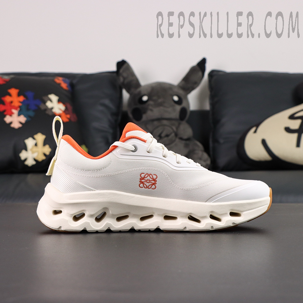 ON Loewe x Cloudtilt 2 ‘White Orange’ side profile showing embossed Loewe logo and perforated midsole.