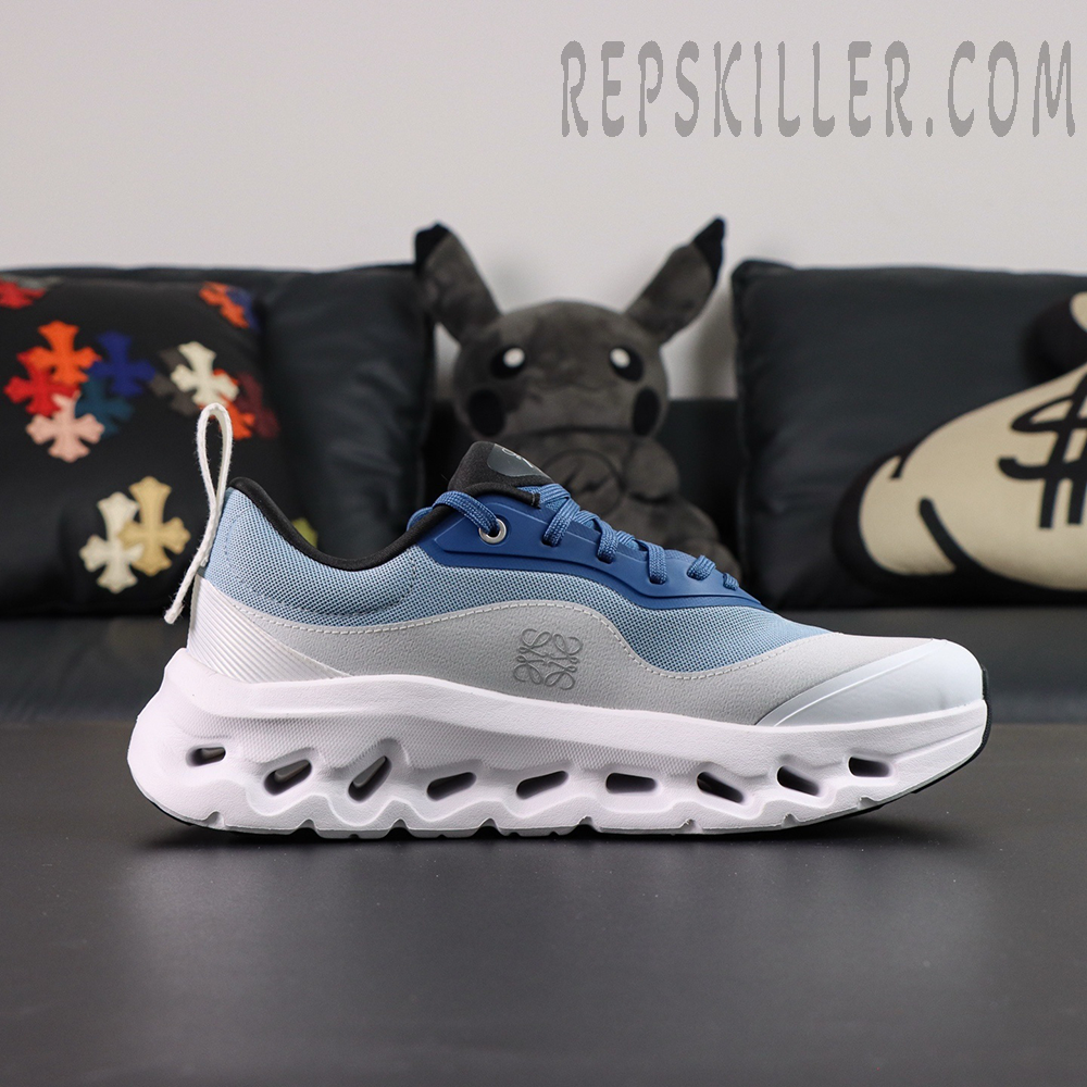 ON Loewe x Cloudtilt 2 ‘Blue White’ lateral side showing embossed Loewe logo and aerodynamic sole.