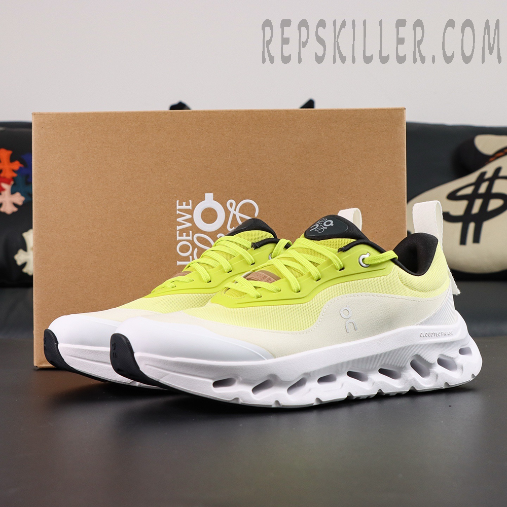 ON Loewe x Cloudtilt 2 ‘Neon Yellow White’ pair display with Loewe x On co-branded box in background.