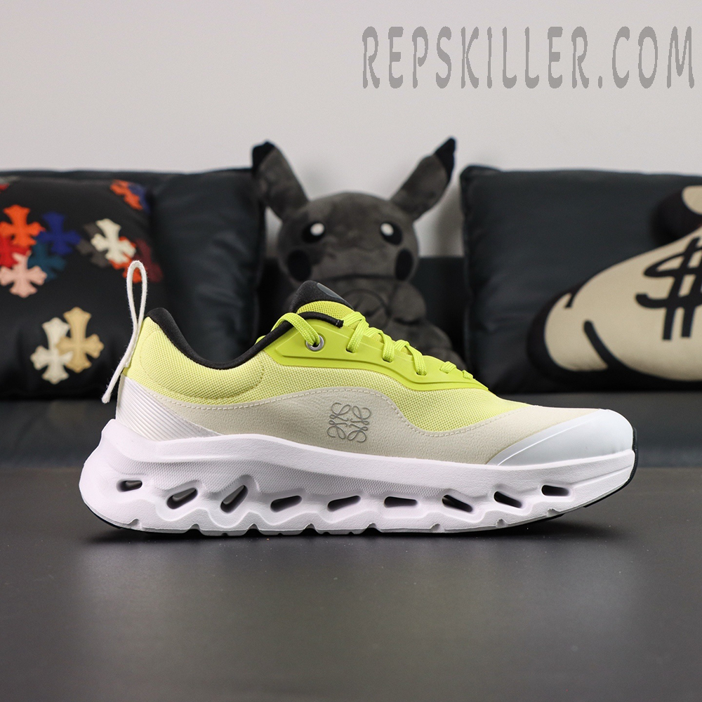 ON Loewe x Cloudtilt 2 ‘Neon Yellow White’ lateral profile revealing wave-cut sole and minimal upper layers.