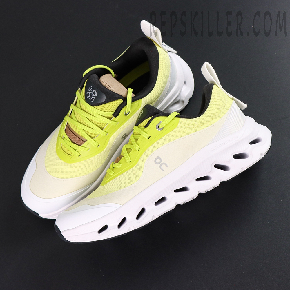 ON Loewe x Cloudtilt 2 ‘Neon Yellow White’ top-down pair view displaying bright yellow laces and layered materials.