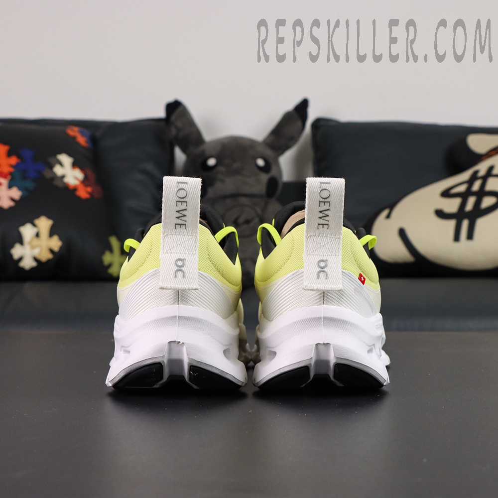 ON Loewe x Cloudtilt 2 ‘Neon Yellow White’ back angle view highlighting sculpted heel and white outsole.