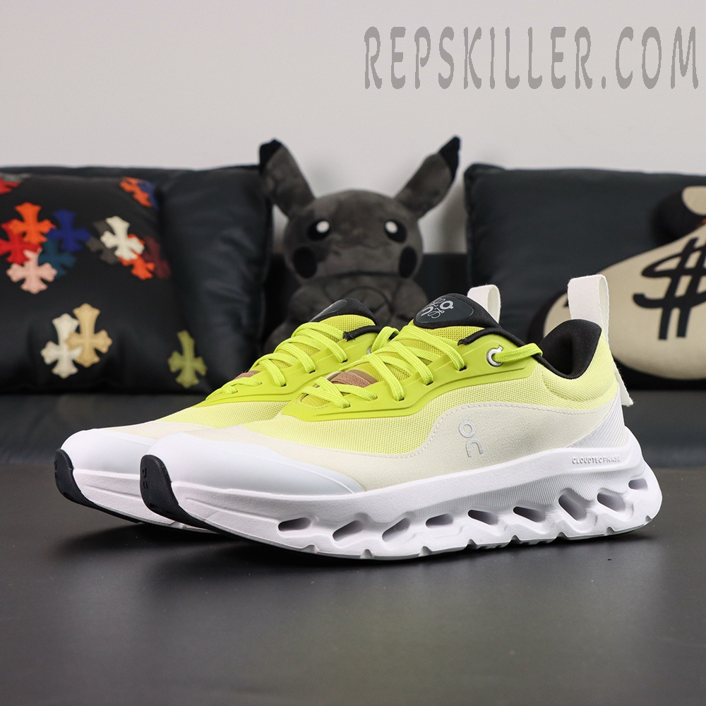 ON Loewe x Cloudtilt 2 ‘Neon Yellow White’ side view highlighting neon mesh upper and embossed Loewe logo.