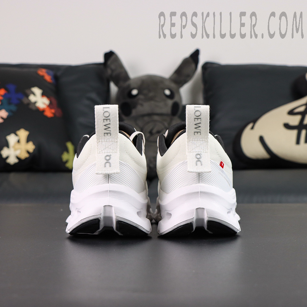 ON Loewe x Cloudtilt 2 ‘Sand White’ rear view displaying LOEWE and On pull tabs in tonal white.