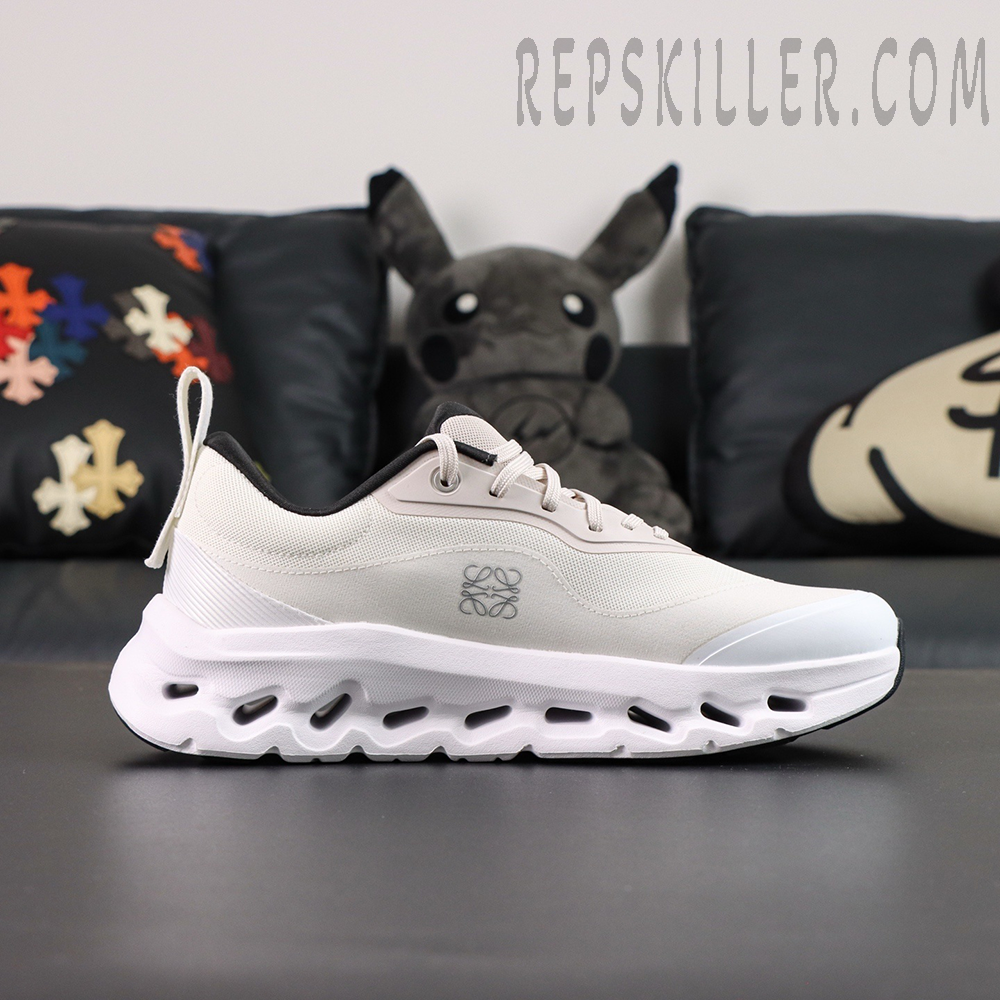 ON Loewe x Cloudtilt 2 ‘Sand White’ side profile highlighting embossed Loewe logo and minimal sand-toned upper.