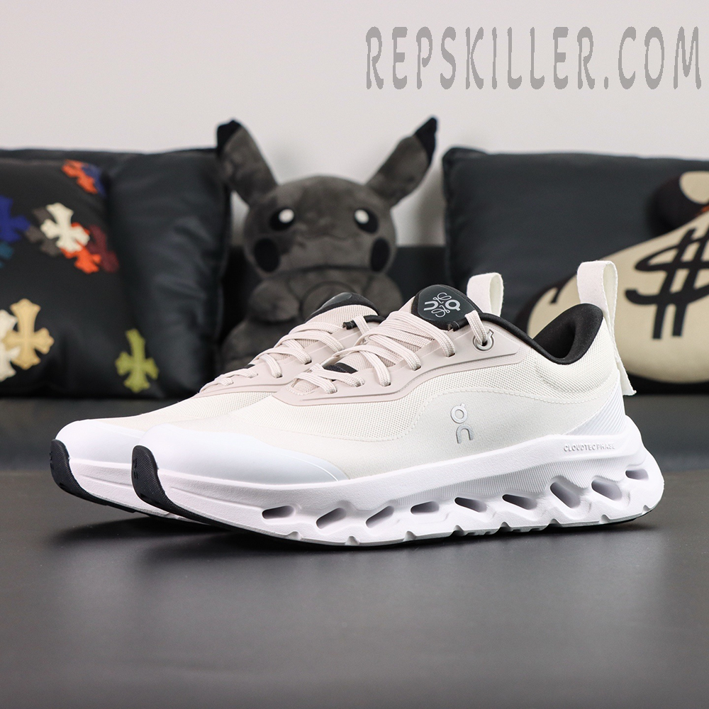 ON Loewe x Cloudtilt 2 ‘Sand White’ angled pair view featuring sculpted midsole and minimalist lines.