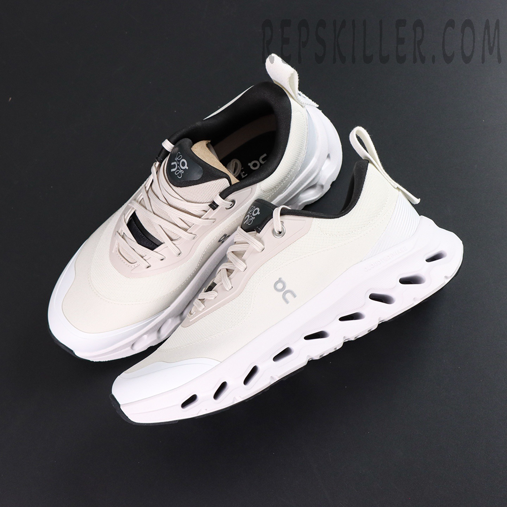 ON Loewe x Cloudtilt 2 ‘Sand White’ pair top view showing breathable mesh upper and tonal laces.
