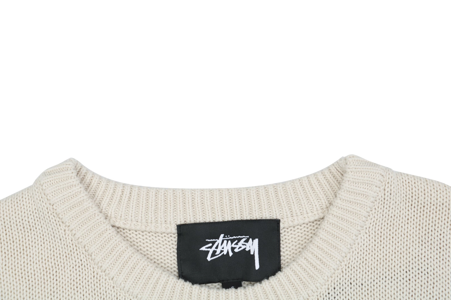 Stussy Surfer Graphic Knit Sweater Beige neckline