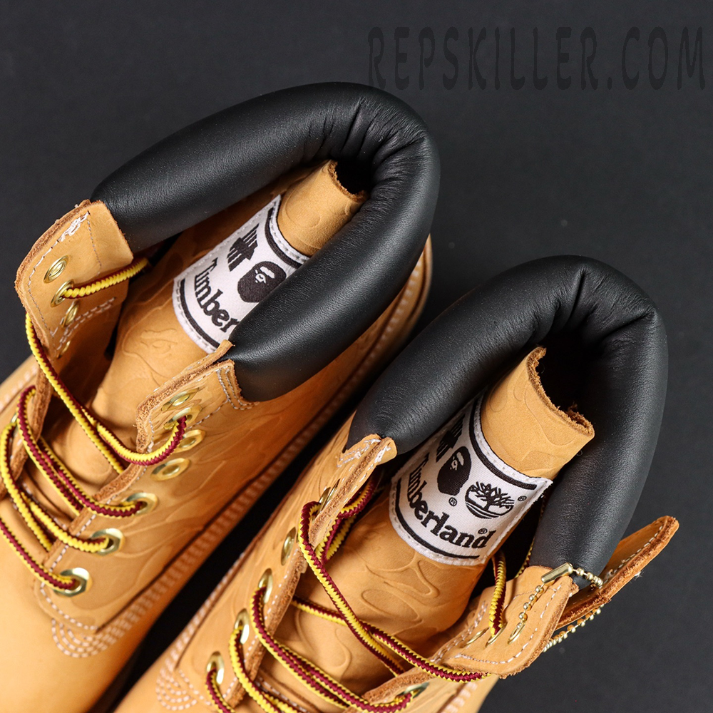 Inner collar view of A Bathing Ape x Undefeated x Timberland 6 Inch “Wheat” featuring black padding and BAPE × Timberland co-branded label.