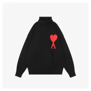 Ami Heart Intarsia Turtleneck Sweater Black Front view
