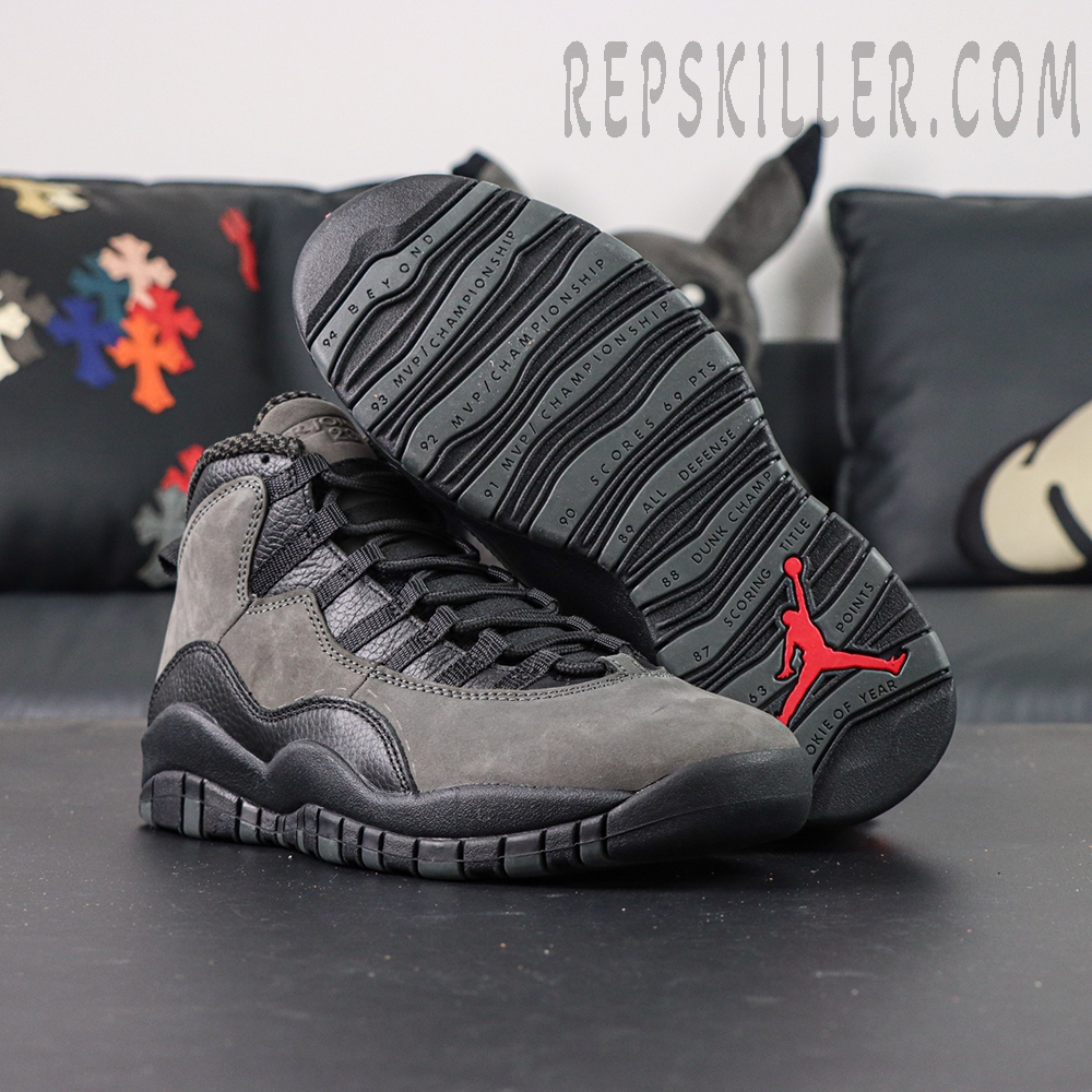 Sole view of Air Jordan 10 Retro “Shadow” showing Jordan’s career milestones and red Jumpman logo.