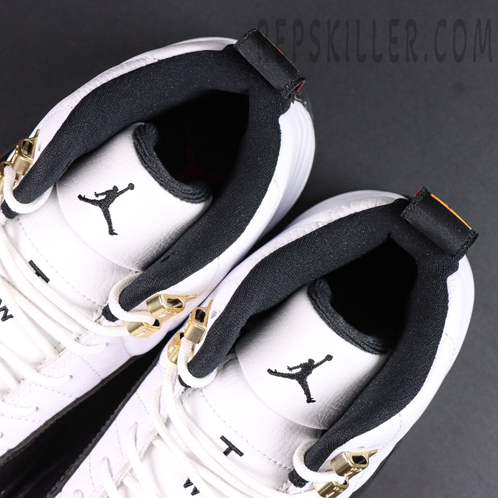 Close-up of Air Jordan 12 “Taxi” 2025 tongue area featuring black Jumpman embroidery.