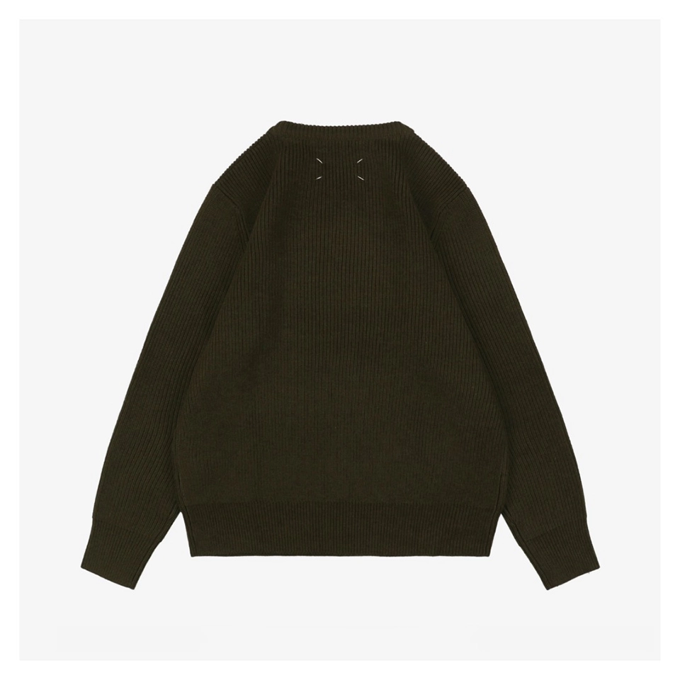 Maison Margiela Four-Stitches Solid Knit Crewneck Sweater Olive Back view